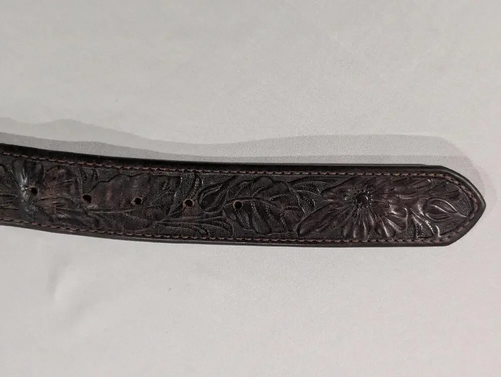 Leather Belt 38 Size Brown Floral Tooled Western Adjustable Buckle Design